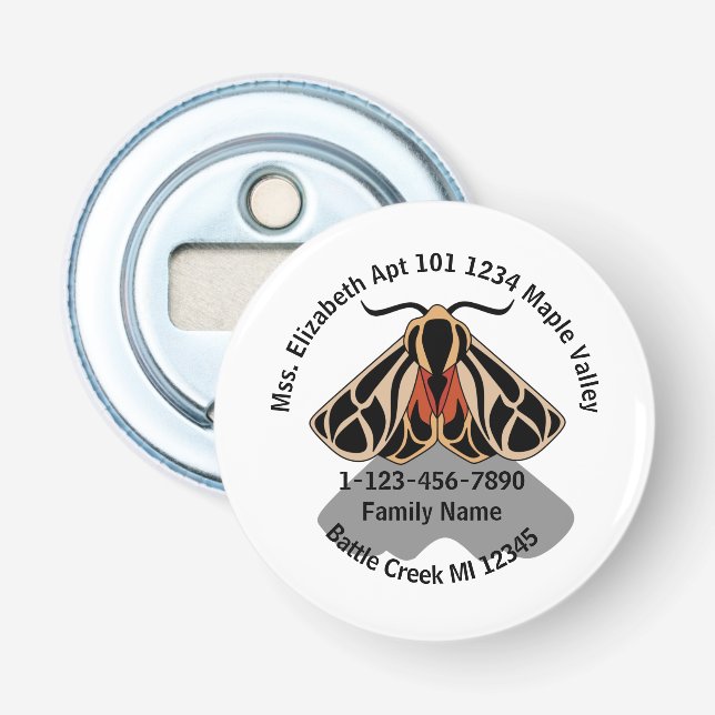 Borttappad Tiger Moth Family Home Adress Flasköppnare (Framsidan)