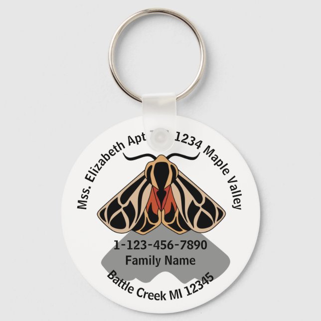 Borttappad Tiger Moth Family Home Adress Nyckelring (Framsida)