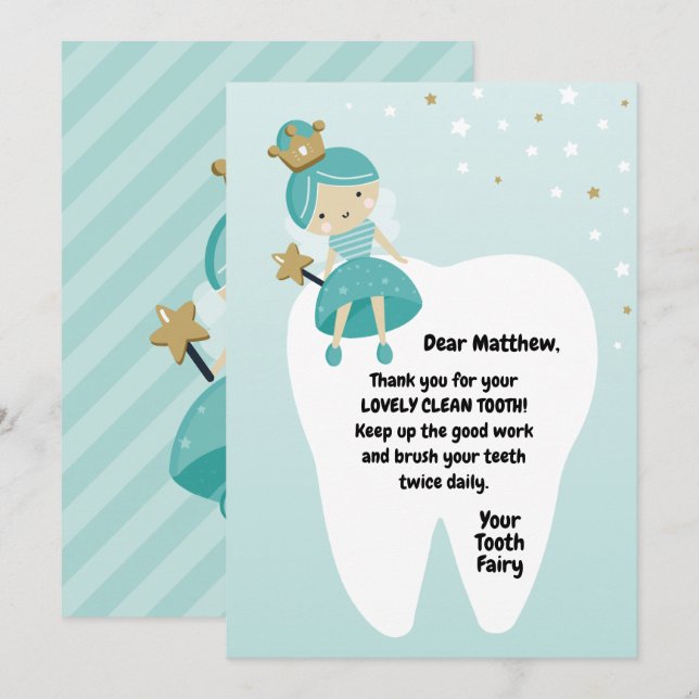 Borttappadens första tandkort. Tand Fairy Visit No Julkort (Fram/baksida)