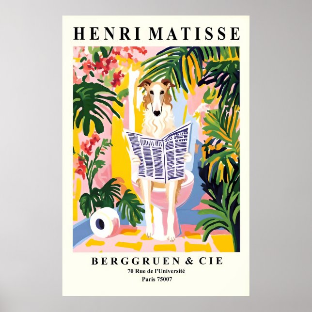 Borzoi Art Print Funny Bathroom, Dog on toilet Poster (Framsidan)