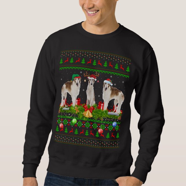 Borzoi Hund älskare Julafton Lighting Santa Ugly B Lång Ärmad Tröja (Framsida)