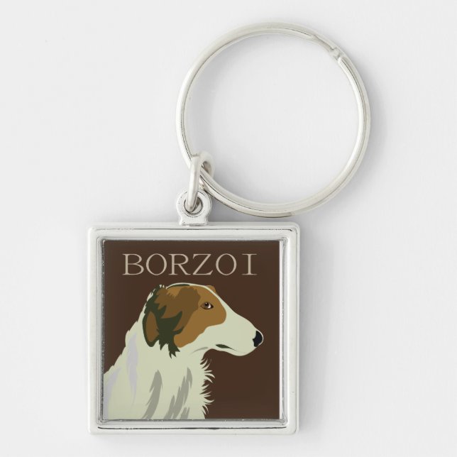 BORZOI hund Fyrkantig Silverfärgad Nyckelring (Framsidan)