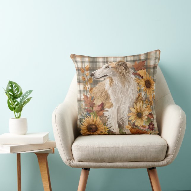 Borzoi Hund Höst Vattenfärg Blommor Kudde (Stol)