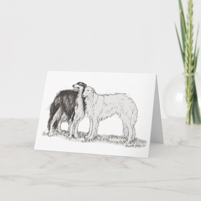 Borzoi Hund Konst Bläck Ritning Grattiskort Helgkort (Framsida)
