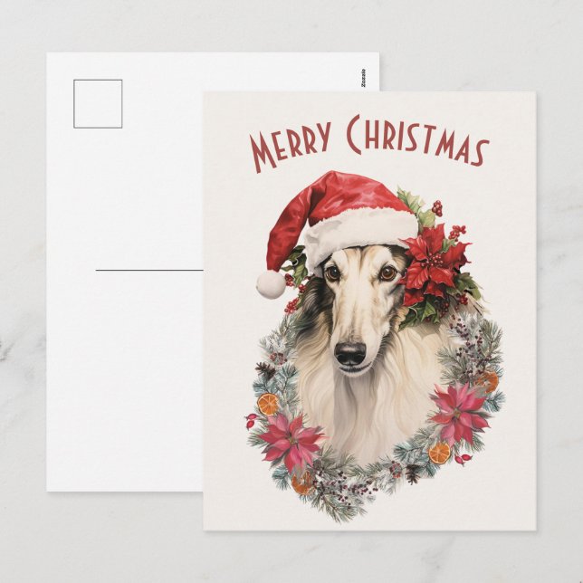 Borzoi Hund Santa Hat Red Poinsettias jul Helg Vykort (Fram/baksida)