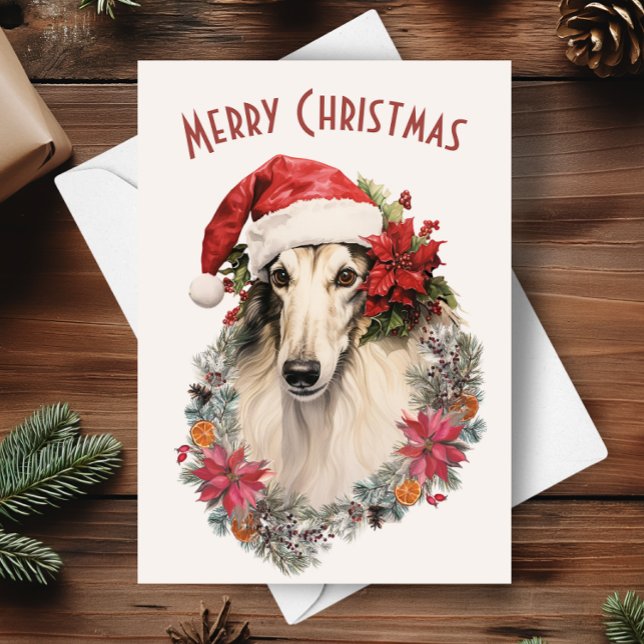 Borzoi Hund Santa Hat Red Poinsettias jul Kort (Skapare uppladdad)