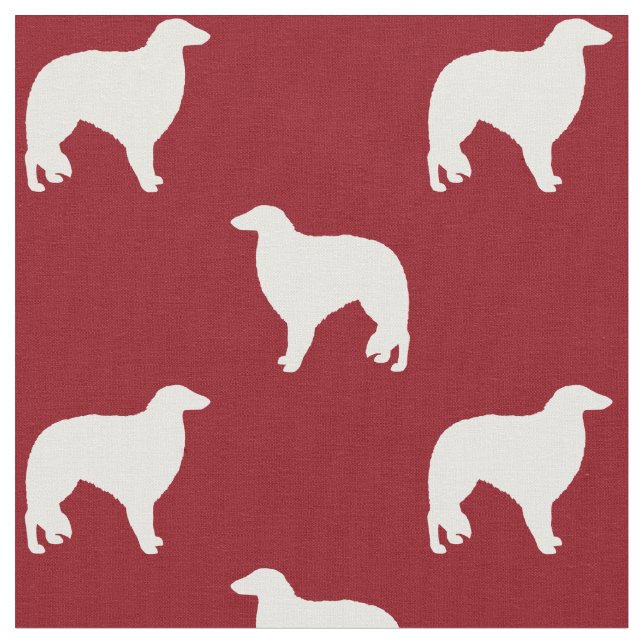 Borzoi Hund Silhouettes Red and White Patterned Tyg (Närbild)