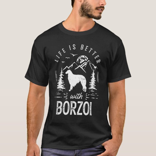 Borzoi Life Better Mamma Pappa Hund T Shirt (Framsida)