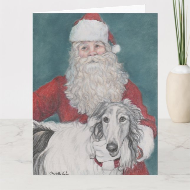 Borzoi och Santa Hund-julkort Kort (Framsida)