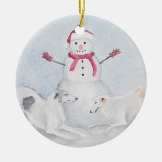 Borzoi och Snögubbe Hund Art Ornament (Framsidan)
