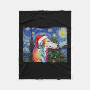 Borzoi Santa Hat jul Starry Night Hund Art Pa Fleecefilt