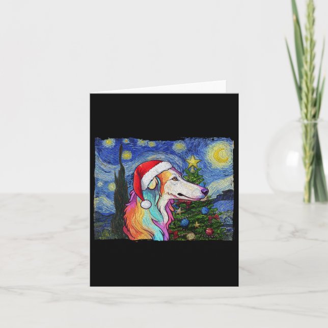Borzoi Santa Hat jul Starry Night Hund Art Pa Kort (Framsida)