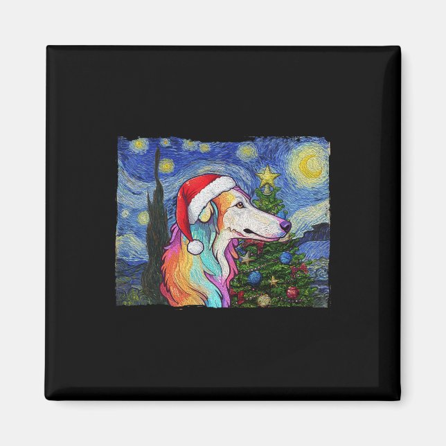 Borzoi Santa Hat jul Starry Night Hund Art Pa Magnet (Framsidan)
