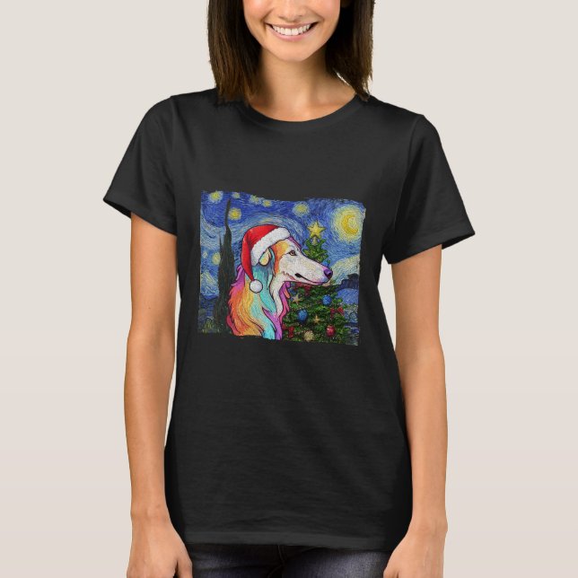 Borzoi Santa Hat jul Starry Night Hund Art Pa T Shirt (Framsida)