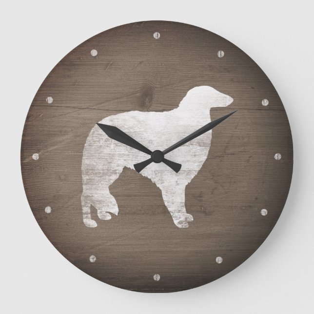 Borzoi Silhouette Rustic Stil Stor Klocka (Framsida)