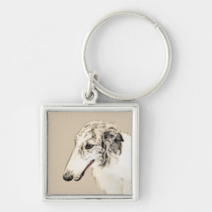 Borzoi (Silver Brindle) målar originalbilder av Hu Fyrkantig Silverfärgad Nyckelring