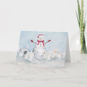 Borzoi spelar med Snögubbe Hund Art Greeting Card Kort