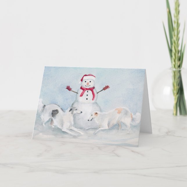 Borzoi spelar med Snögubbe Hund Art Greeting Card Kort (Framsida)