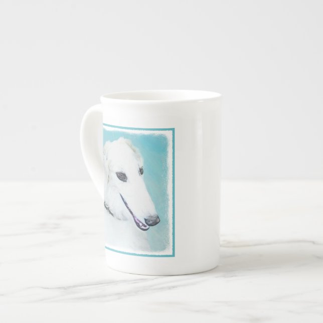 Borzoi (vit) målning - Cute Original Hund Art Benporslin Mugg (Framsida vänster)