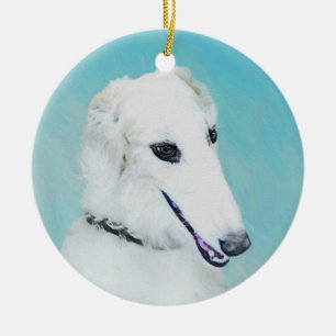 Borzoi (vit) målning - Cute Original Hund Art Julgransprydnad Keramik