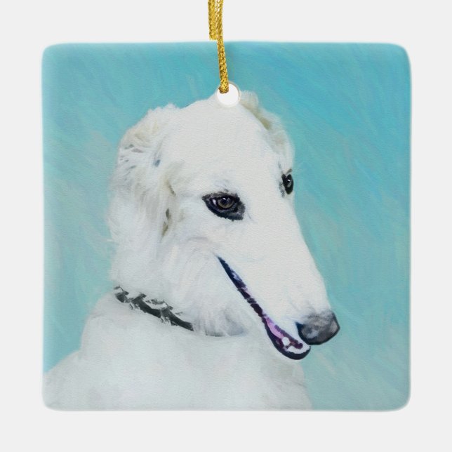Borzoi (vit) målning - Cute Original Hund Art Julgransprydnad Keramik (Framsida)