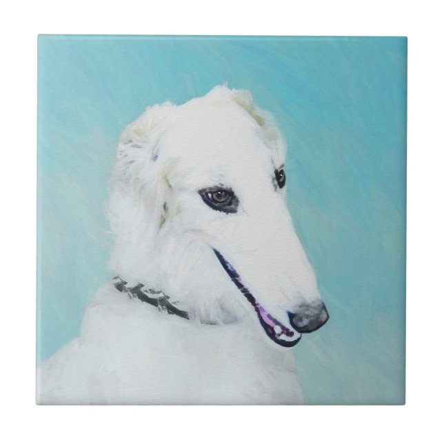 Borzoi (vit) målning - Cute Original Hund Art Kakelplatta (Framsidan)