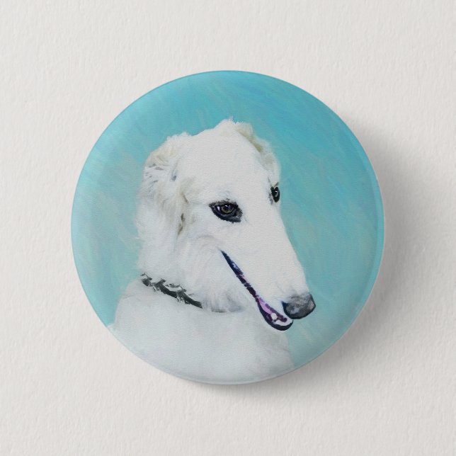 Borzoi (vit) målning - Cute Original Hund Art Knapp (Framsida)