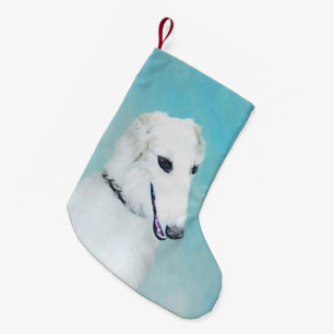 Borzoi (vit) målning - Cute Original Hund Art Liten Julstrumpa