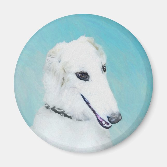 Borzoi (vit) målning - Cute Original Hund Art Magnet (Framsidan)