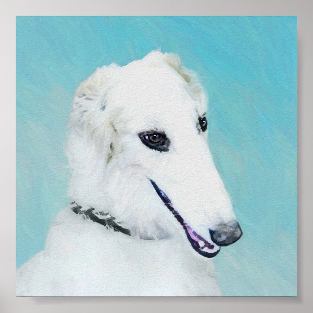 Borzoi (vit) målning - Cute Original Hund Art Poster (Framsidan)