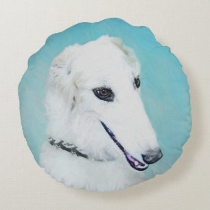 Borzoi (vit) målning - Cute Original Hund Art Rund Kudde