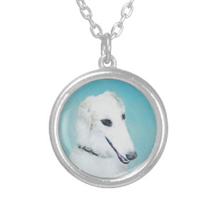 Borzoi (vit) målning - Cute Original Hund Art Silverpläterat Halsband
