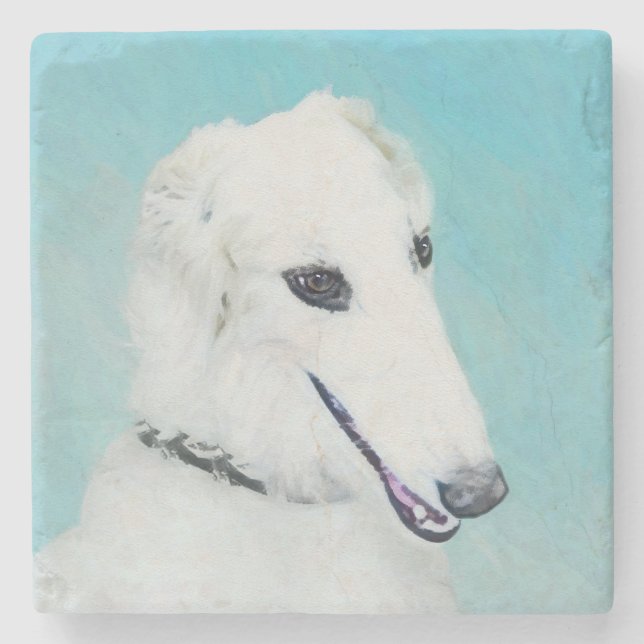 Borzoi (vit) målning - Cute Original Hund Art Underlägg Sten (Framsidan)