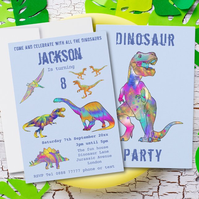Bos 8: Födelsedag Dinosaur T Rex Roar Party Blue Inbjudningar (Colorful dinosaur 8th birthday party invitation with T-Rex velociraptor stegosaurus brontosaurus )