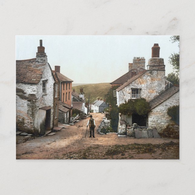 Boscastle Village Street, Cornwall c.1895 Vykort (Framsida)