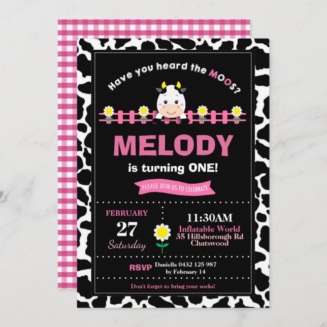 Boskap 1:a födelsedagen Party Girl Barnyard Rosa Inbjudningar (Fram/baksida)