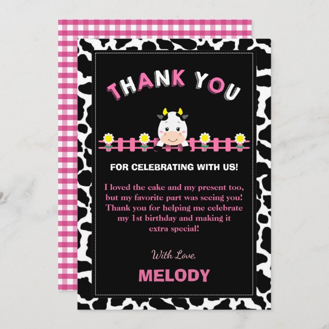 Boskap 1:a födelsedagen Party Girl Barnyard Rosa Tack Kort (Fram/baksida)