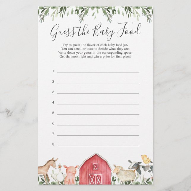 Boskap Baby Shower gissar Baby mat (Framsida)