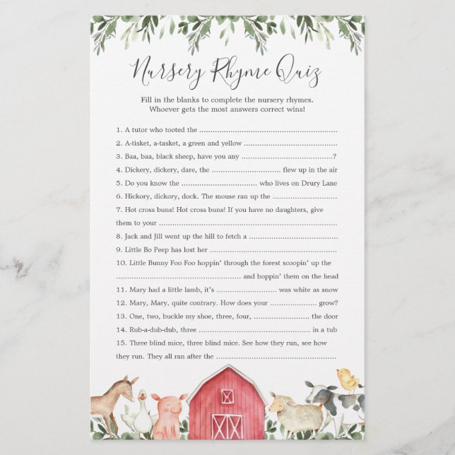 Boskap Baby Shower Nursery Rhyme Quiz-spel (Framsida)