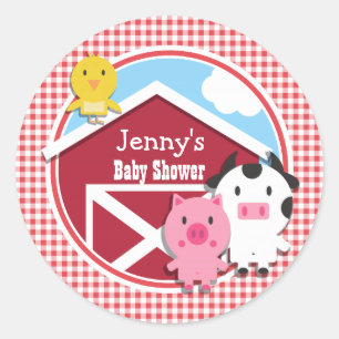 Boskap Baby Shower; Red & White Gingham Runt Klistermärke
