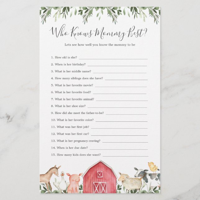 Boskap Baby Shower som känner Mamma bäst (Framsida)