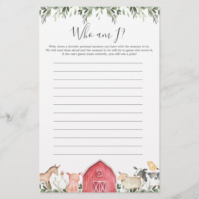 Boskap Baby Shower Vem är jag? (Framsida)