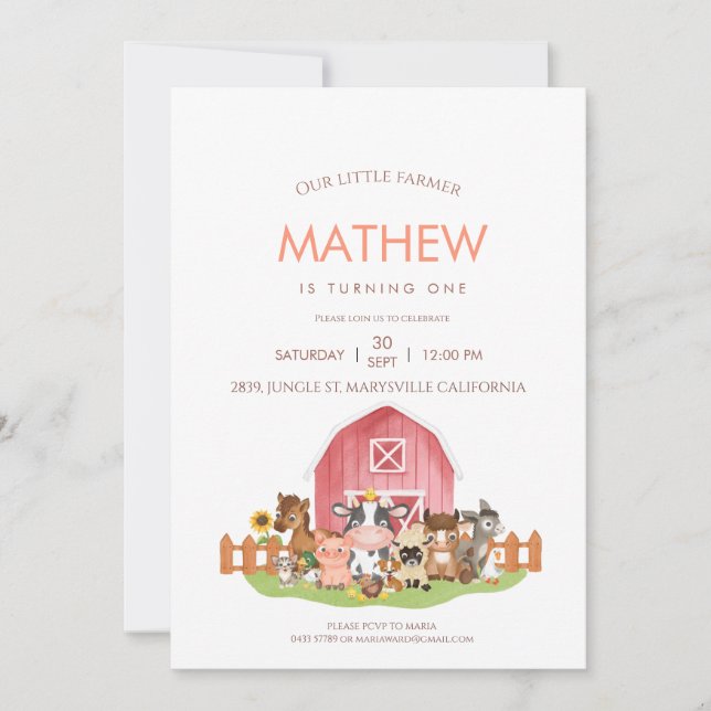 Boskap Barnyard 1:a födelsedag Inbjudningar (Framsida)