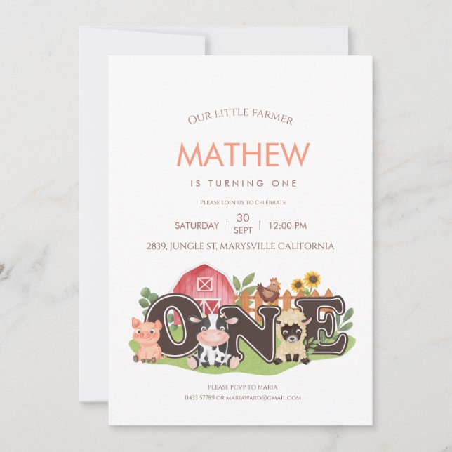 Boskap Barnyard 1:a födelsedag Inbjudningar (Framsida)