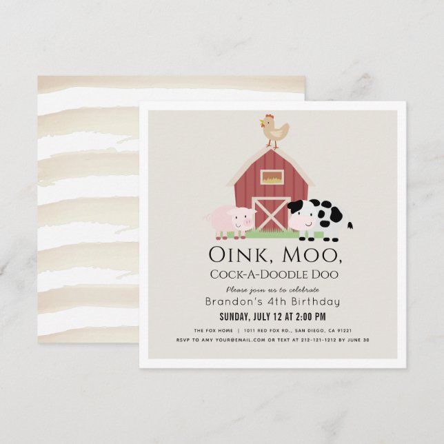 Boskap Barnyard Beige Birthday Square Inbjudningar (Fram/baksida)