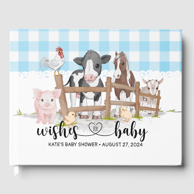 Boskap Barnyard Blue Baby Shower Guest Bok (Framsida)