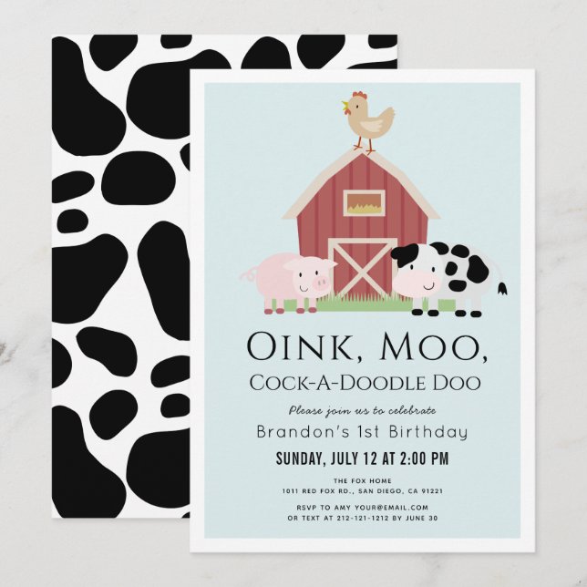 Boskap Barnyard Blue Boy 1:a födelsedagen Inbjudningar (Fram/baksida)