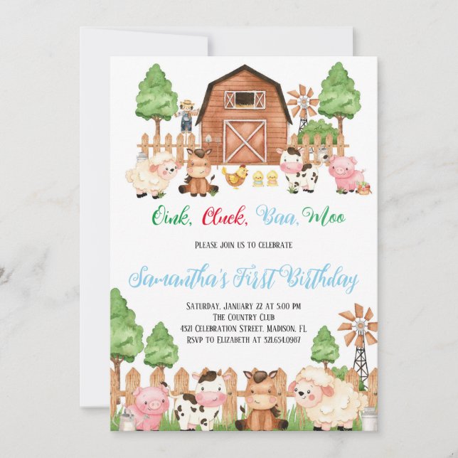 Boskap Barnyard Blue Boy Födelsedagsfest Inbjudningar (Framsida)