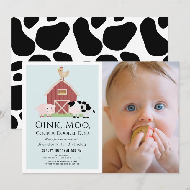 Boskap Barnyard Blue Boy Photo 1st Birthday Inbjudningar (Fram/baksida)