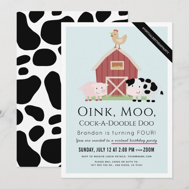 Boskap Barnyard Blue Boy Virtuell Birthday Inbjudningar (Fram/baksida)